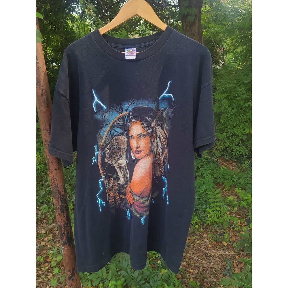 Vtg American Thunder Nature Wolf Native American T-shirt